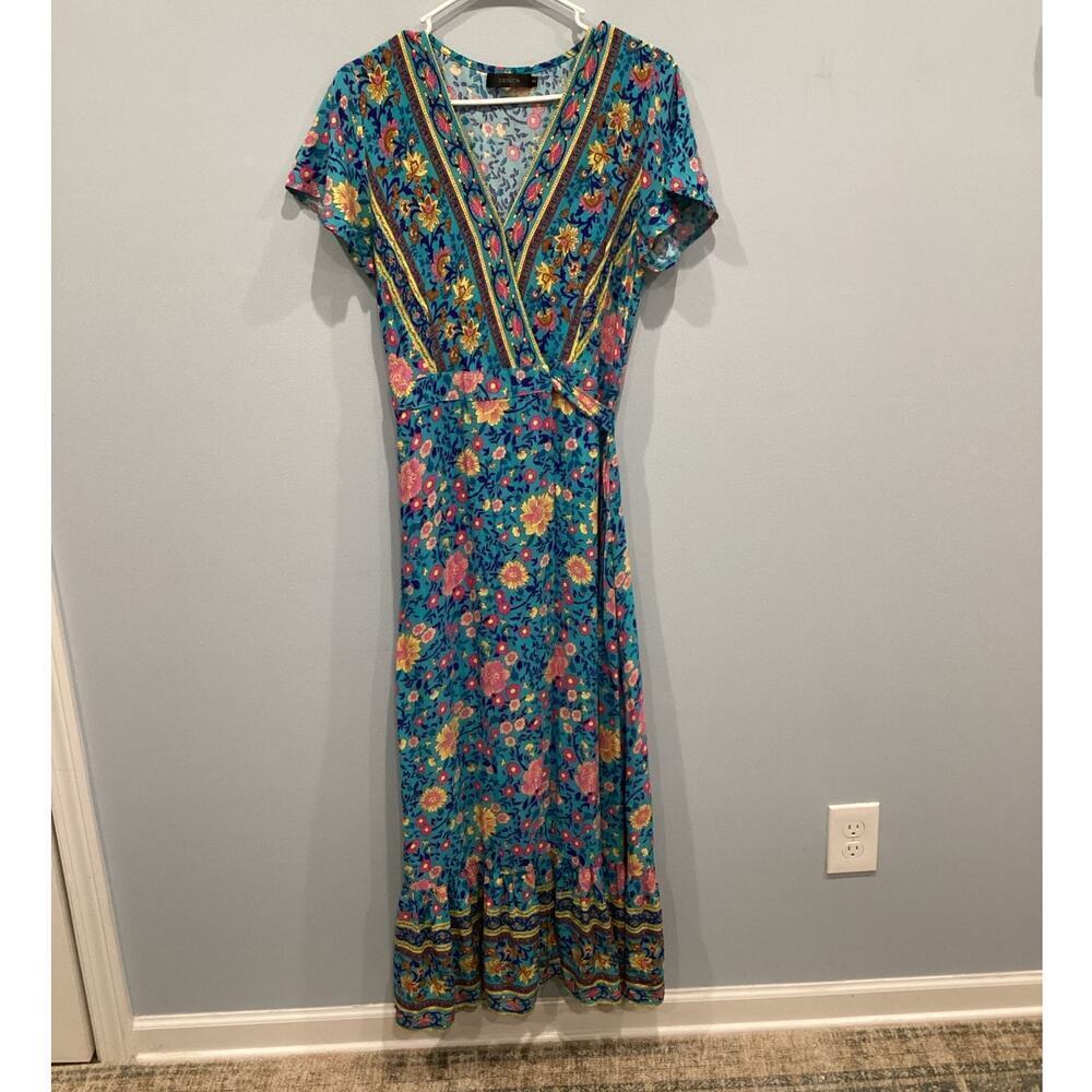 Zesica Womens Tiered Wrap Maxi Dress Size Small Teal Blue Floral Boho Beachy